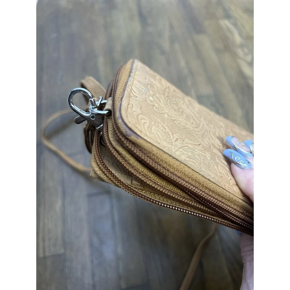 Bueno of California Embossed Floral Wallet on a String Crossbody Bag Tan